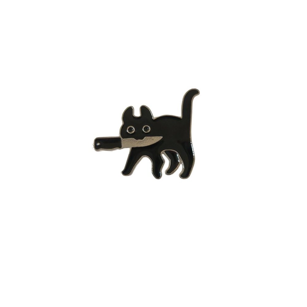Funny Black Cat With Knife Pin Kitten Brooch - Picture 1 of 3